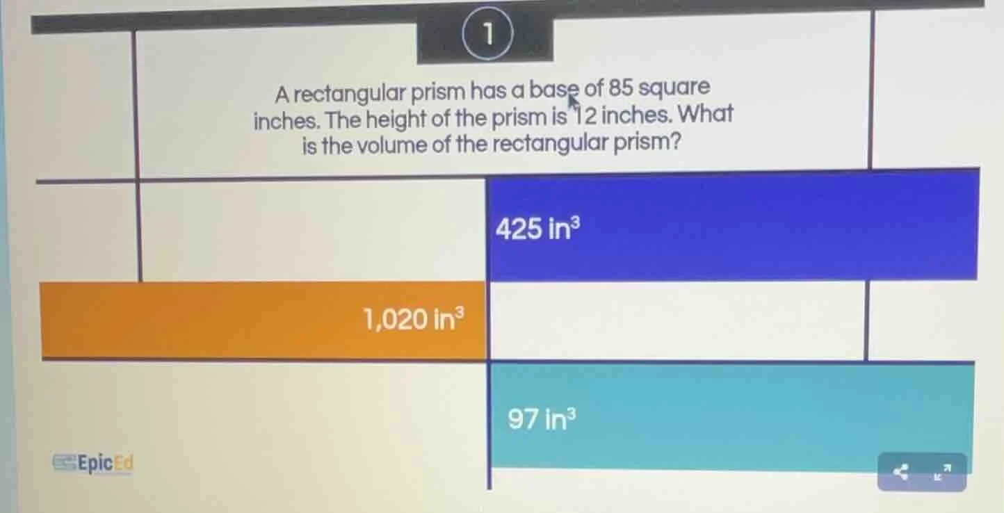 a rectangular prism has a base of 85 square inches. the height of the p…