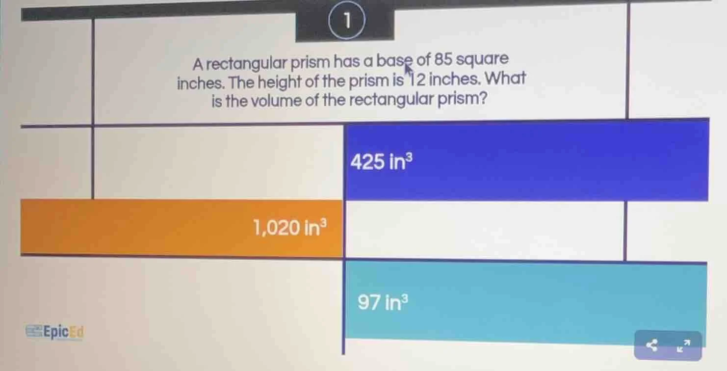 a rectangular prism has a base of 85 square inches. the height of the p…