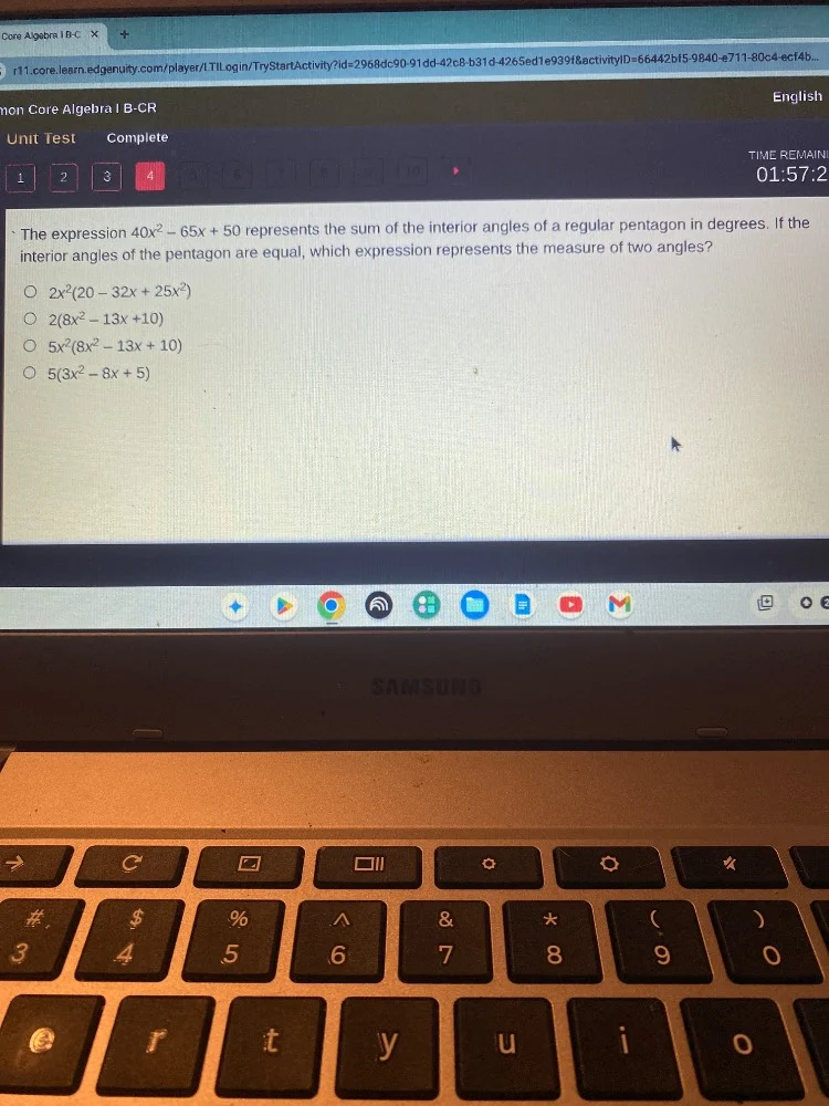 the expression $40x^2 - 65x + 50$ represents the sum of the interior an…