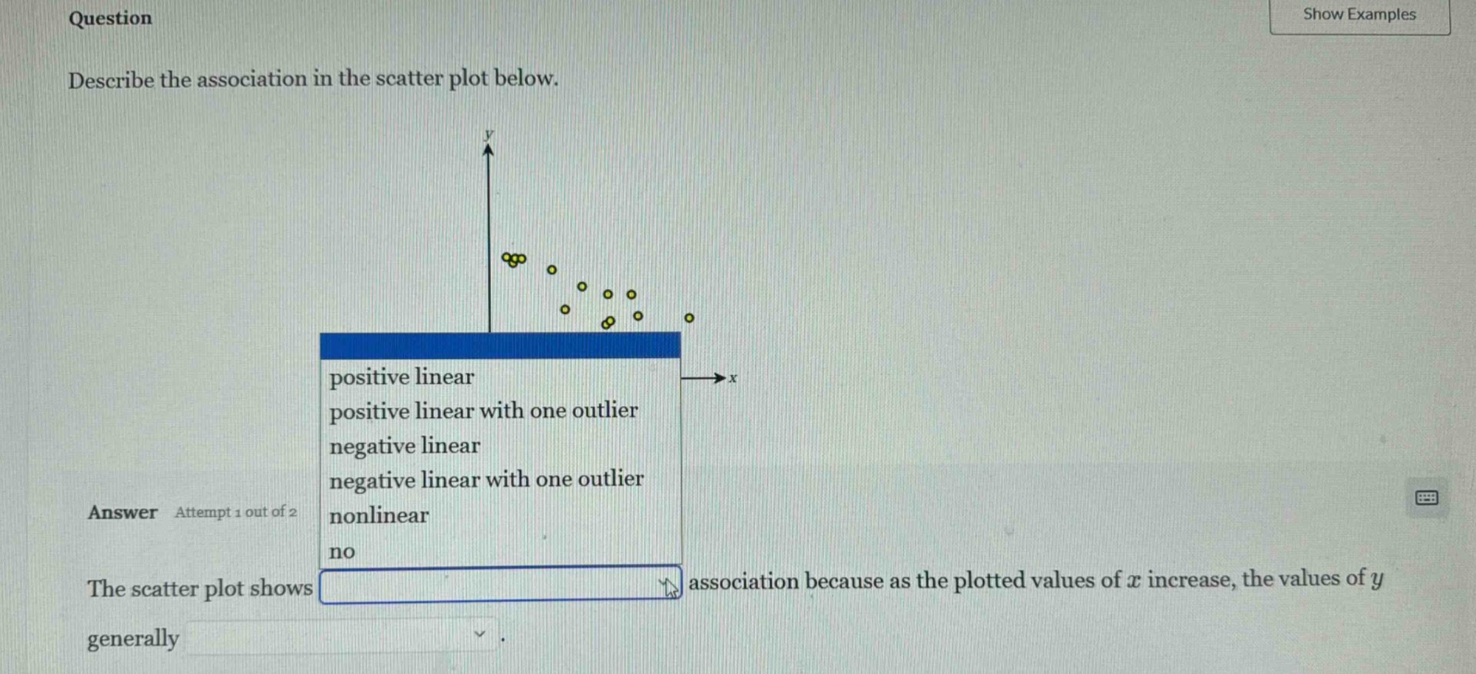 question describe the association in the scatter plot below. answer att…
