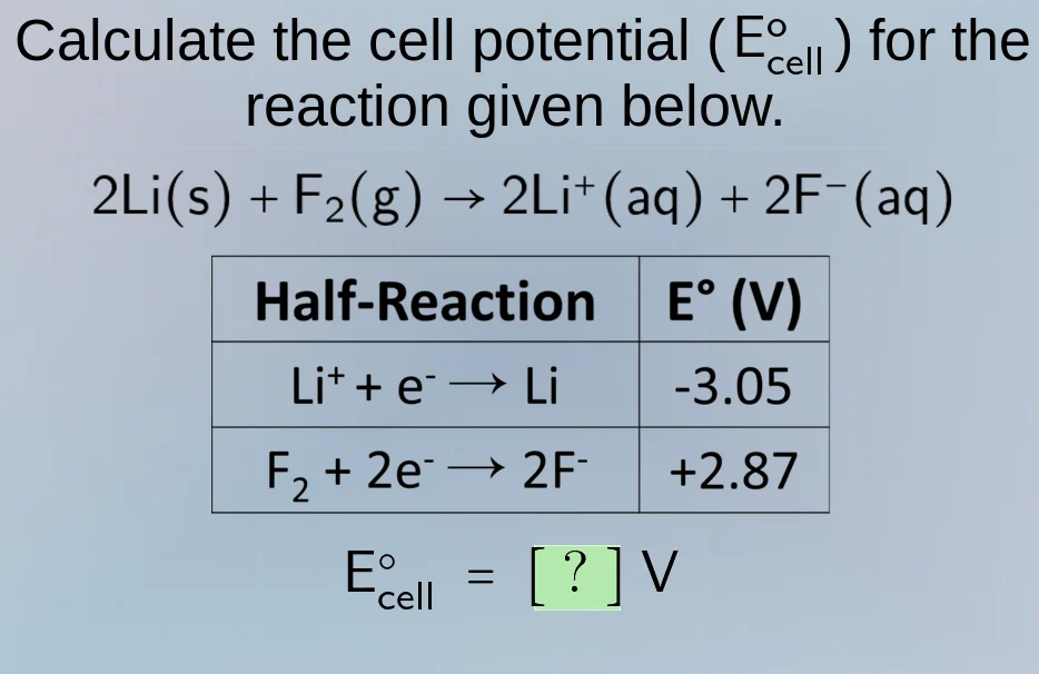 calculate the cell potential ($mathrm{e_{cell}^circ}$) for the reaction…