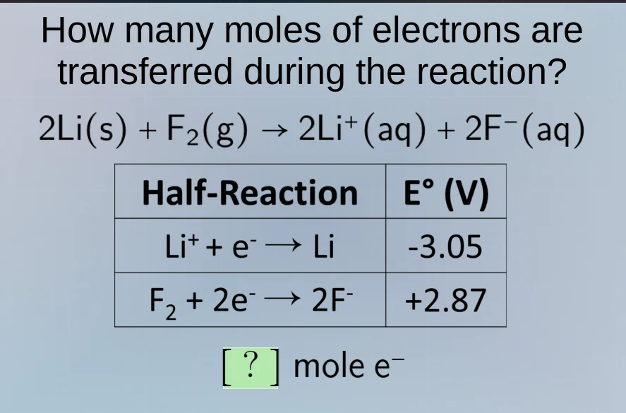 how many moles of electrons are transferred during the reaction? 2li(s)…