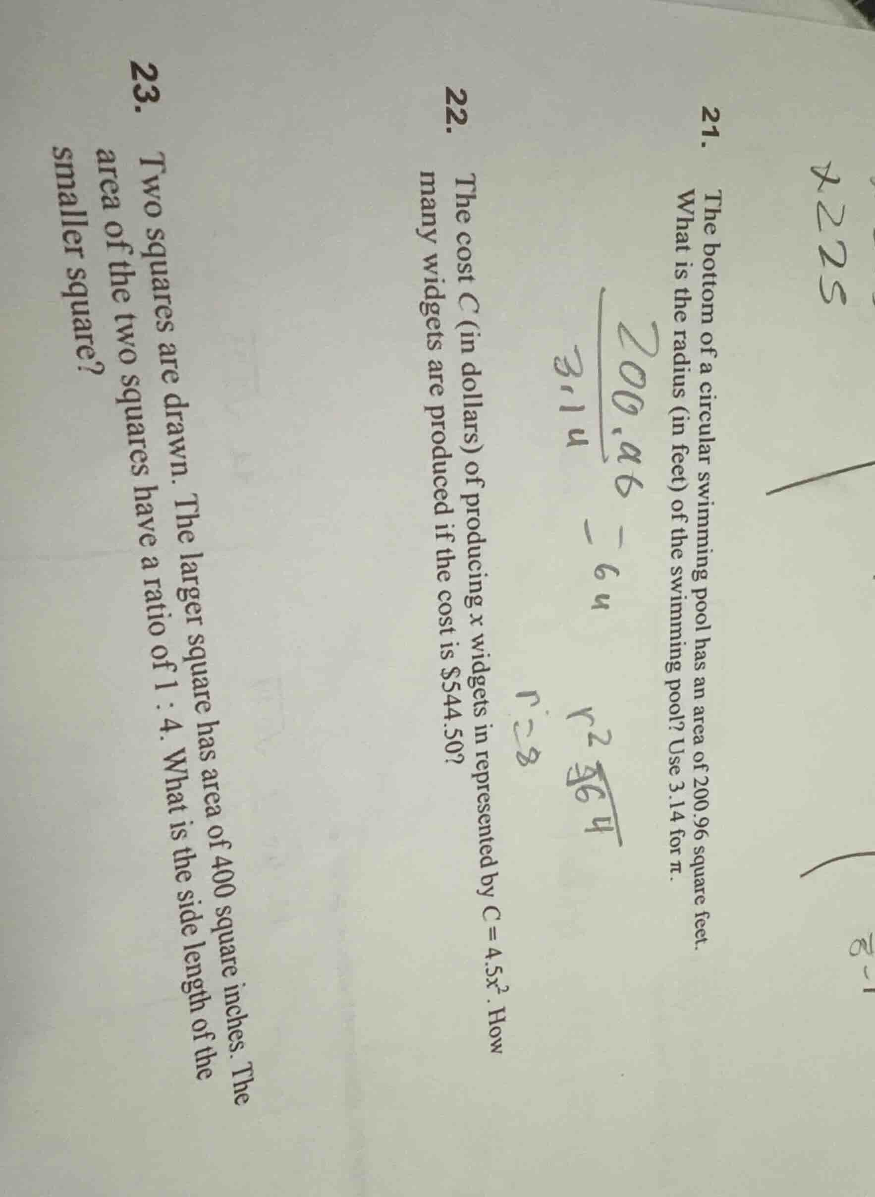 21. the bottom of a circular swimming pool has an area of 200.96 square…