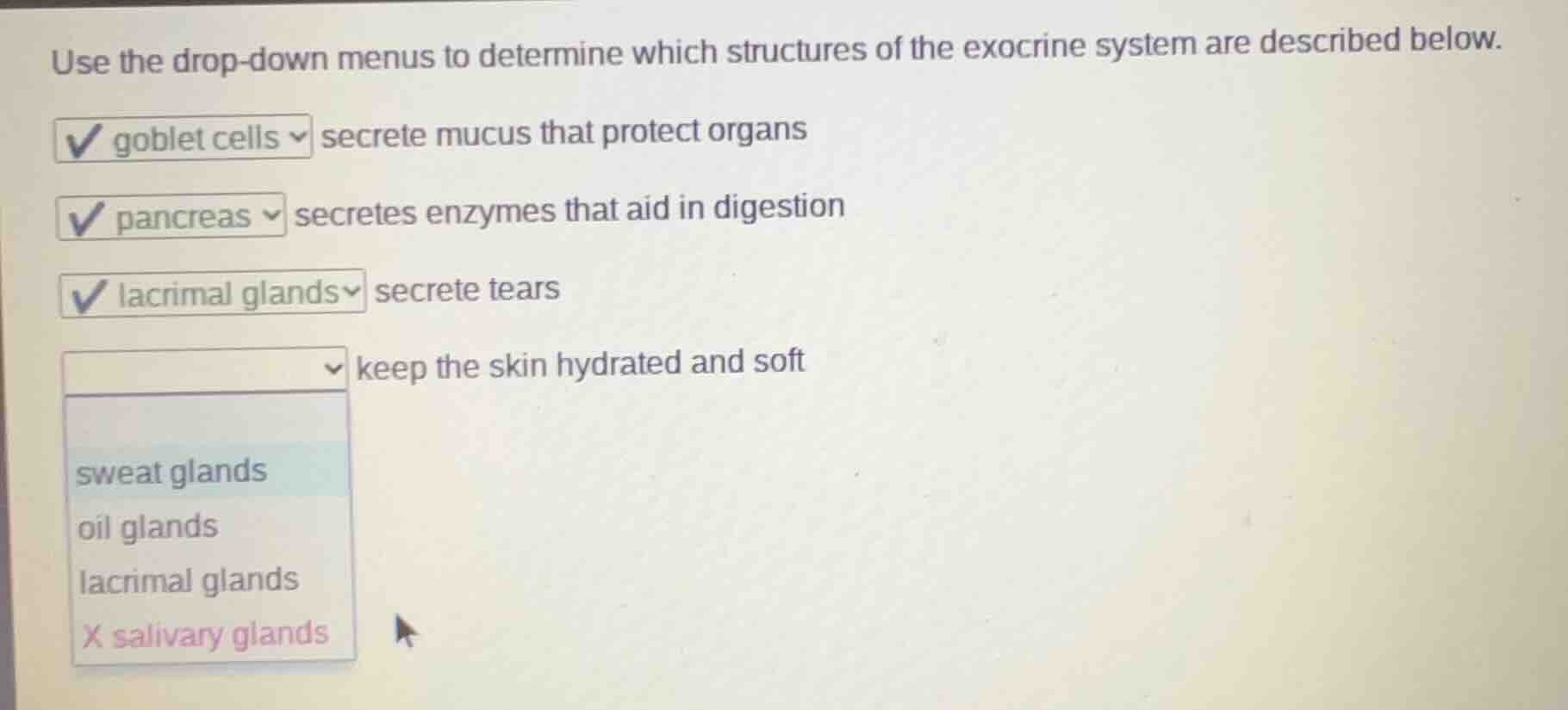 use the drop - down menus to determine which structures of the exocrine…