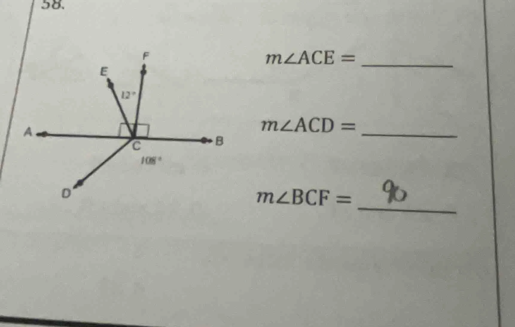 58. m∠ace = m∠acd = m∠bcf =