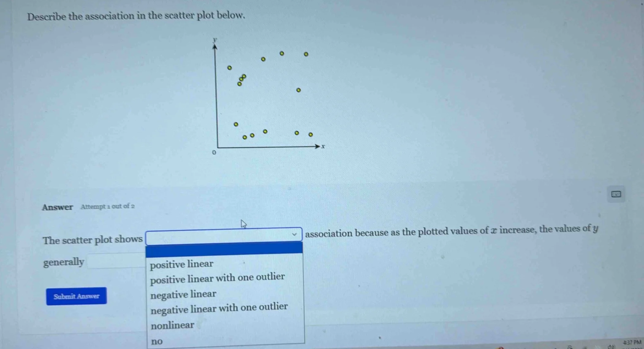 describe the association in the scatter plot below. answer attempt 1 ou…