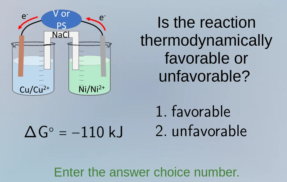 e⁻ v or ps nacl e⁻ cu/cu²⁺ ni/ni²⁺ δg° = −110 kj is the reaction thermo…
