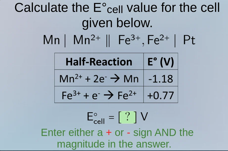 calculate the e°cell value for the cell given below. mn | mn²⁺ || fe³⁺,…