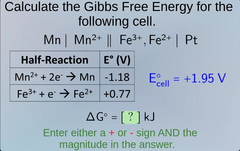 calculate the gibbs free energy for the following cell. mn | mn²⁺ || fe…
