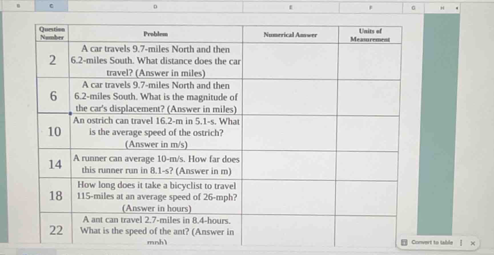question number | problem | numerical answer | units of measurement 2 |…