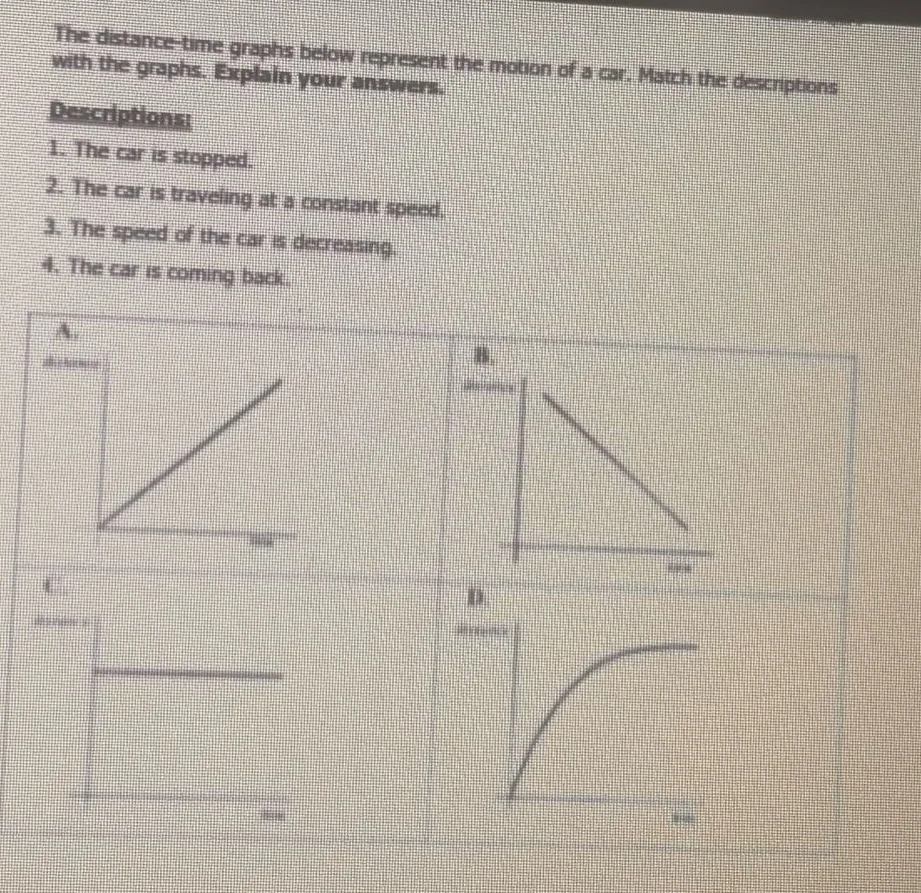 the distance - time graphs below represent the motion of a car. match t…