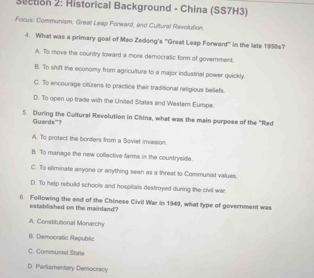 section 2: historical background - china (ss7h3) focus: communism, grea…