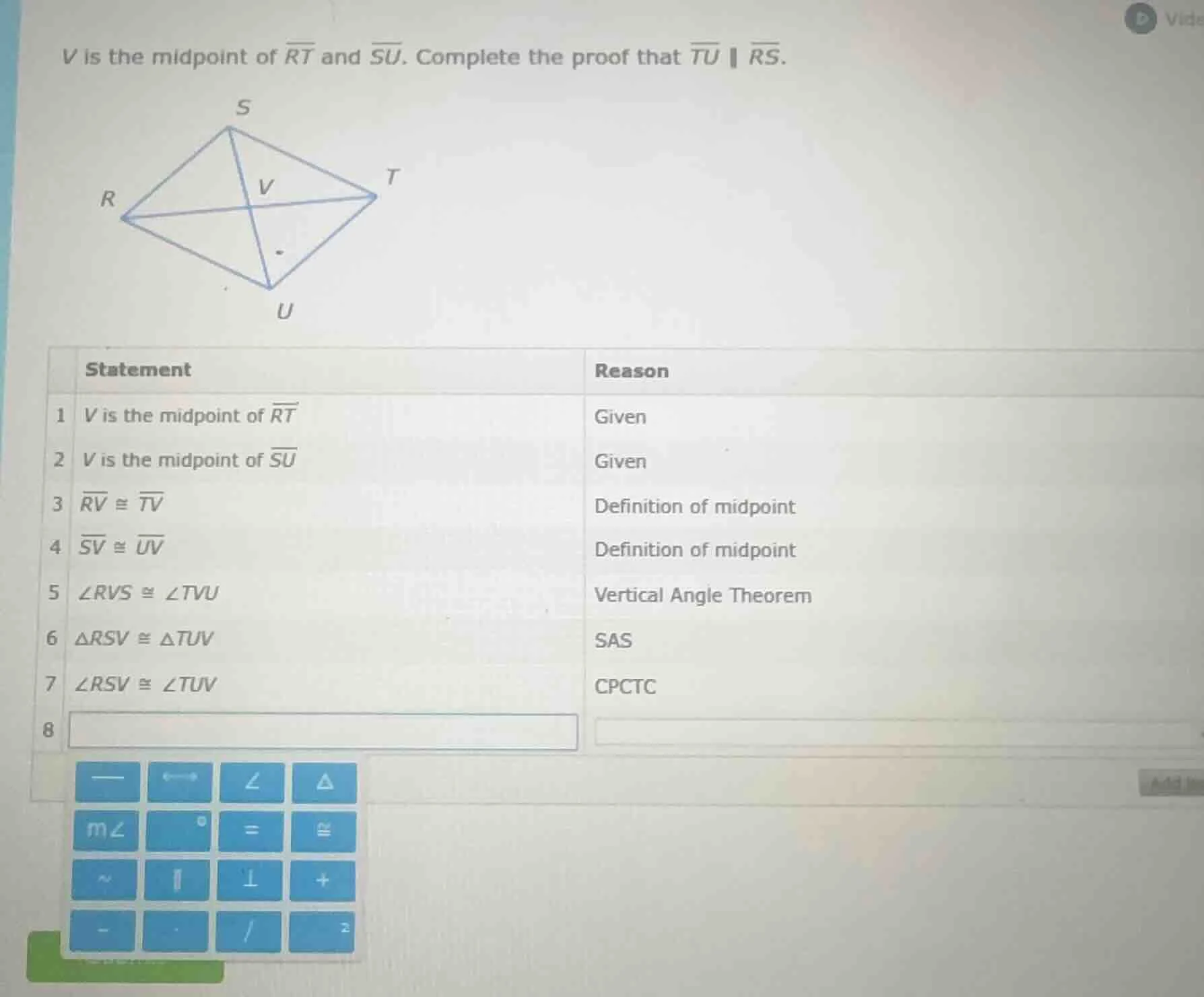 v is the midpoint of \\(\\overline{rt}\\) and \\(\\overline{su}\\). com…