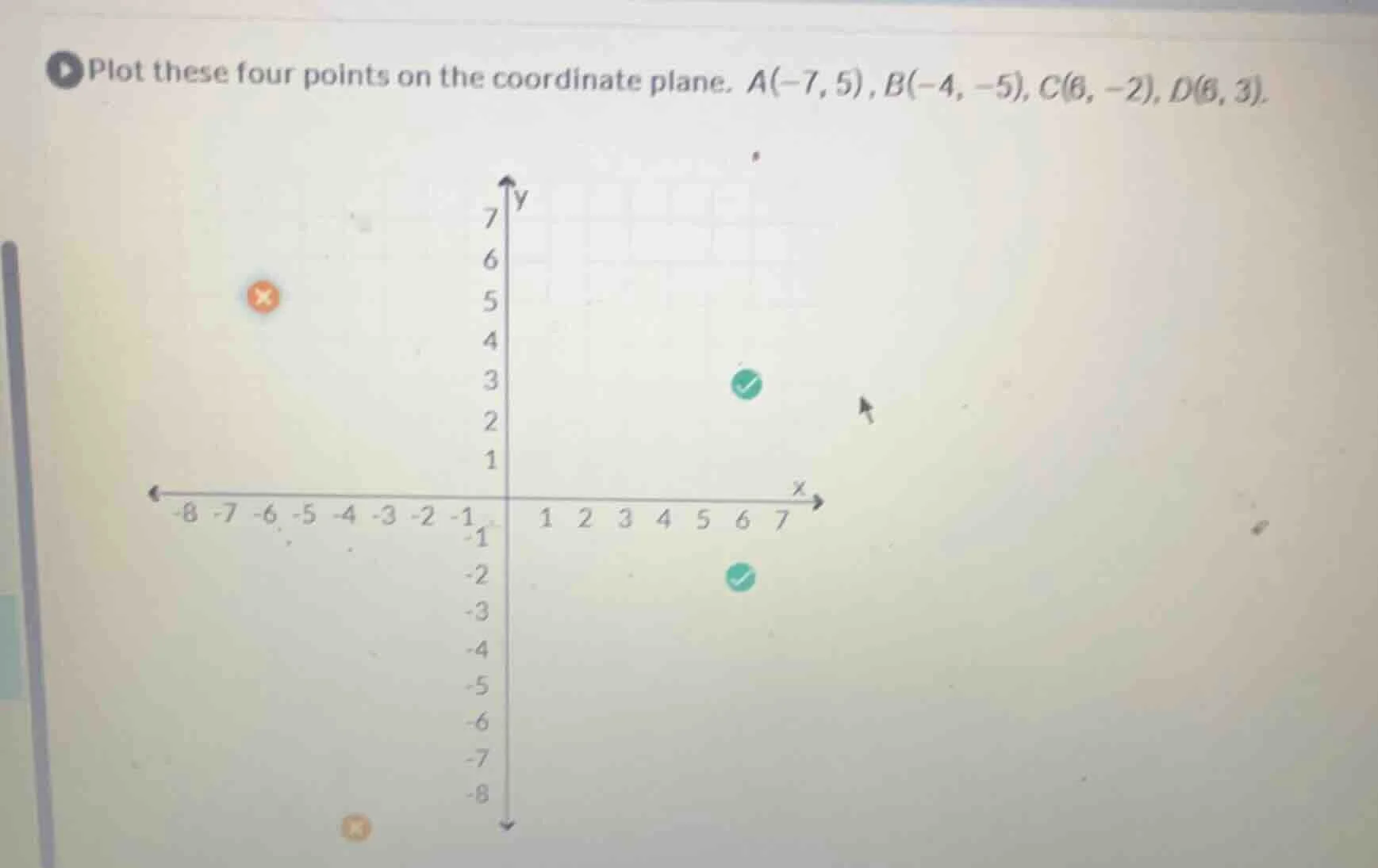 plot these four points on the coordinate plane. a(-7,5), b(-4,-5), c(6,…