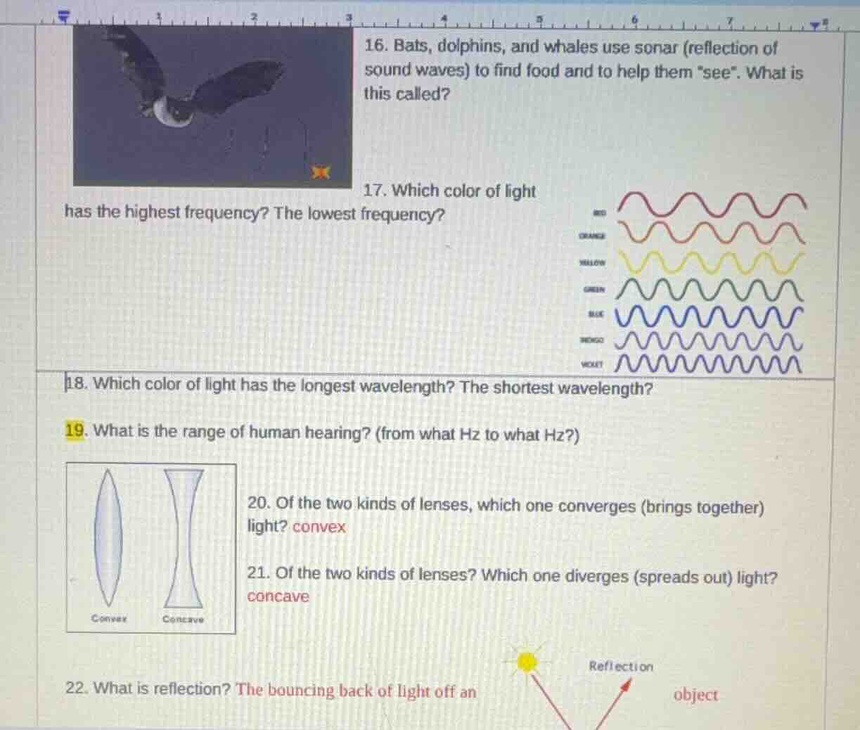 16. bats, dolphins, and whales use sonar (reflection of sound waves) to…