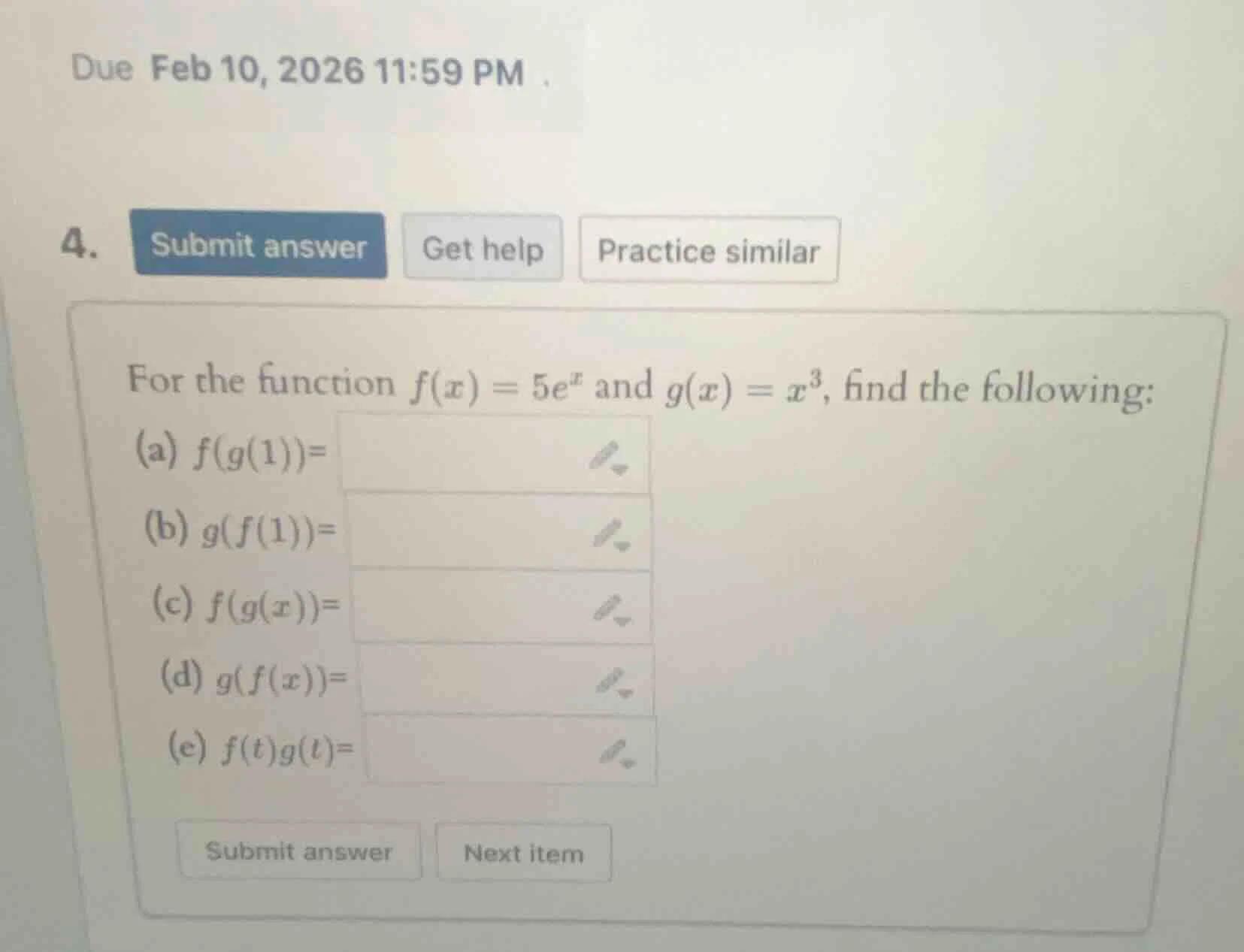 for the function $f(x) = 5e^x$ and $g(x) = x^3$, find the following: (a…