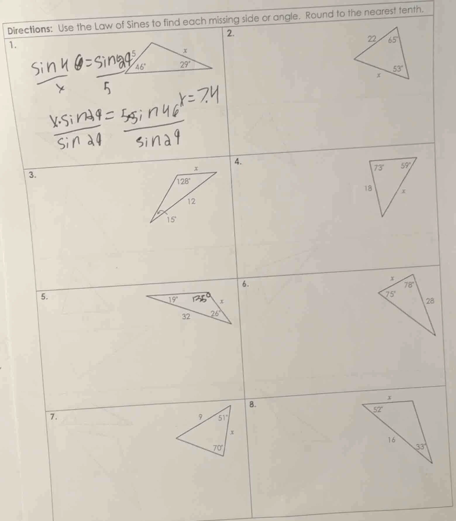 directions: use the law of sines to find each missing side or angle. ro…