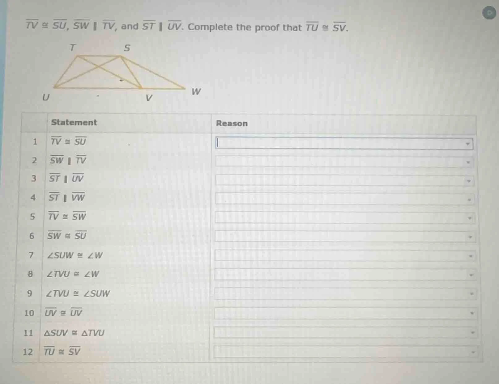 $overline{tv} cong overline{su}$, $overline{sw} parallel overline{tv}$,…