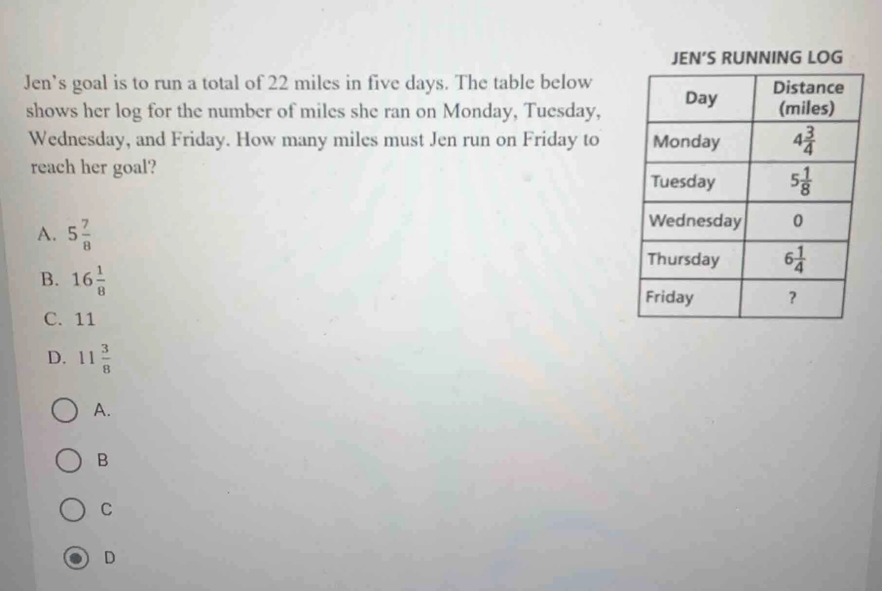 jen’s goal is to run a total of 22 miles in five days. the table below …