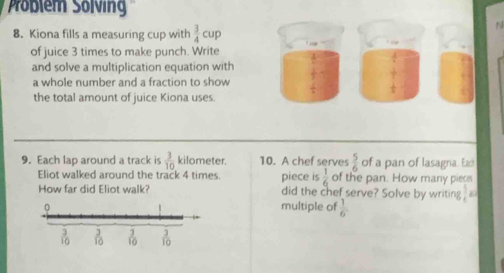 problem solving 8. kiona fills a measuring cup with \\(\frac{3}{4}\\) c…