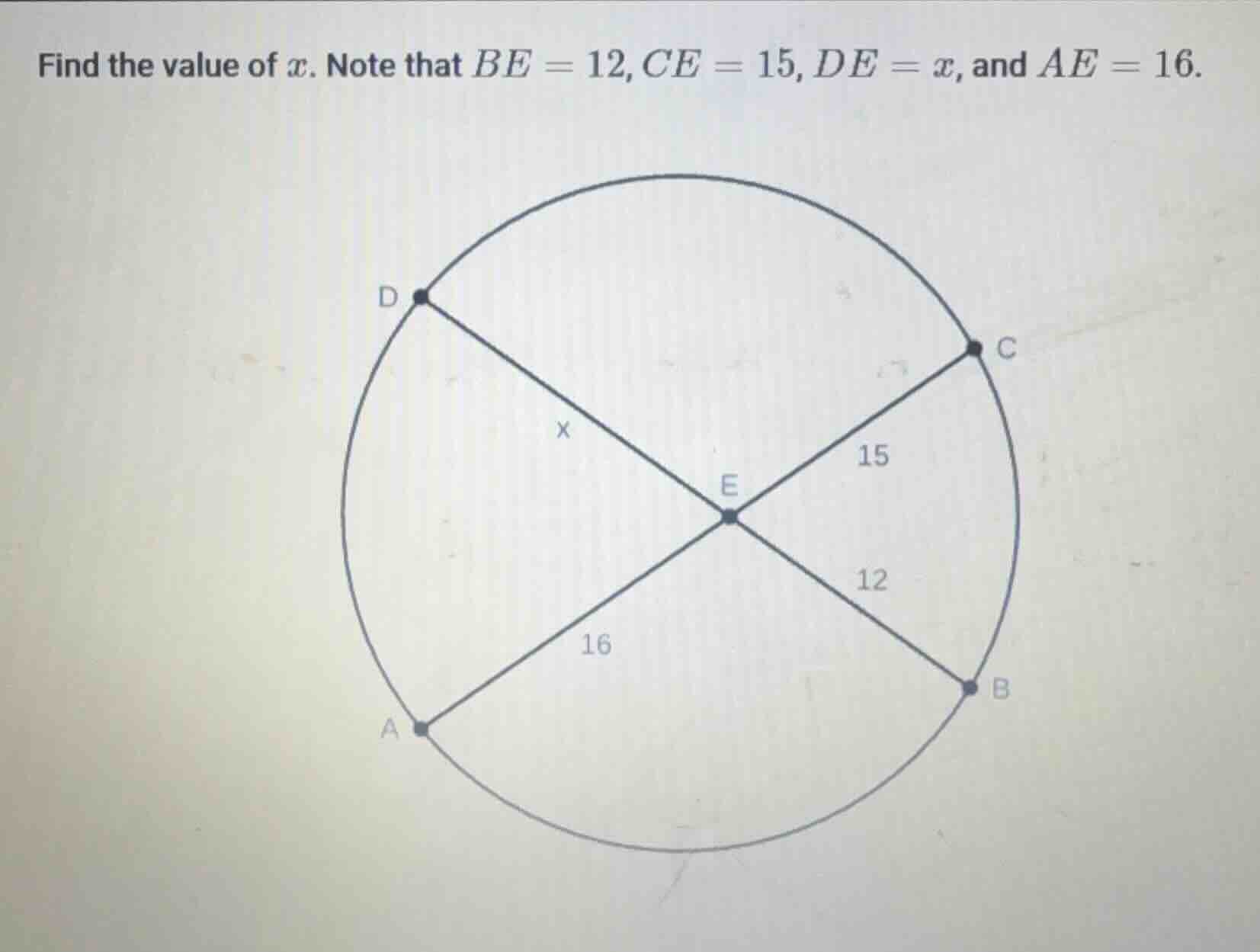 find the value of ( x ). note that ( be = 12 ), ( ce = 15 ), ( de = x )…