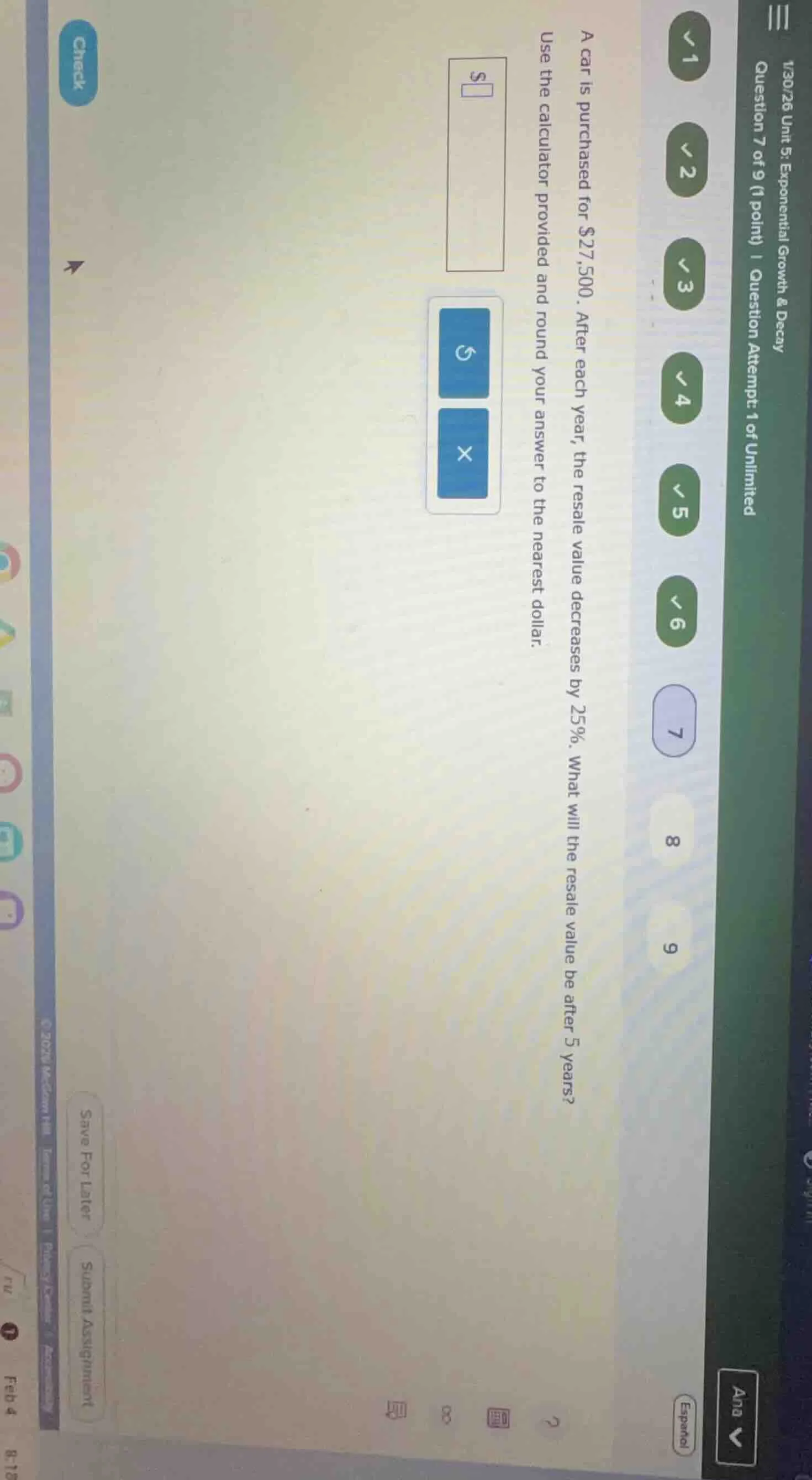 a car is purchased for $27,500. after each year, the resale value decre…