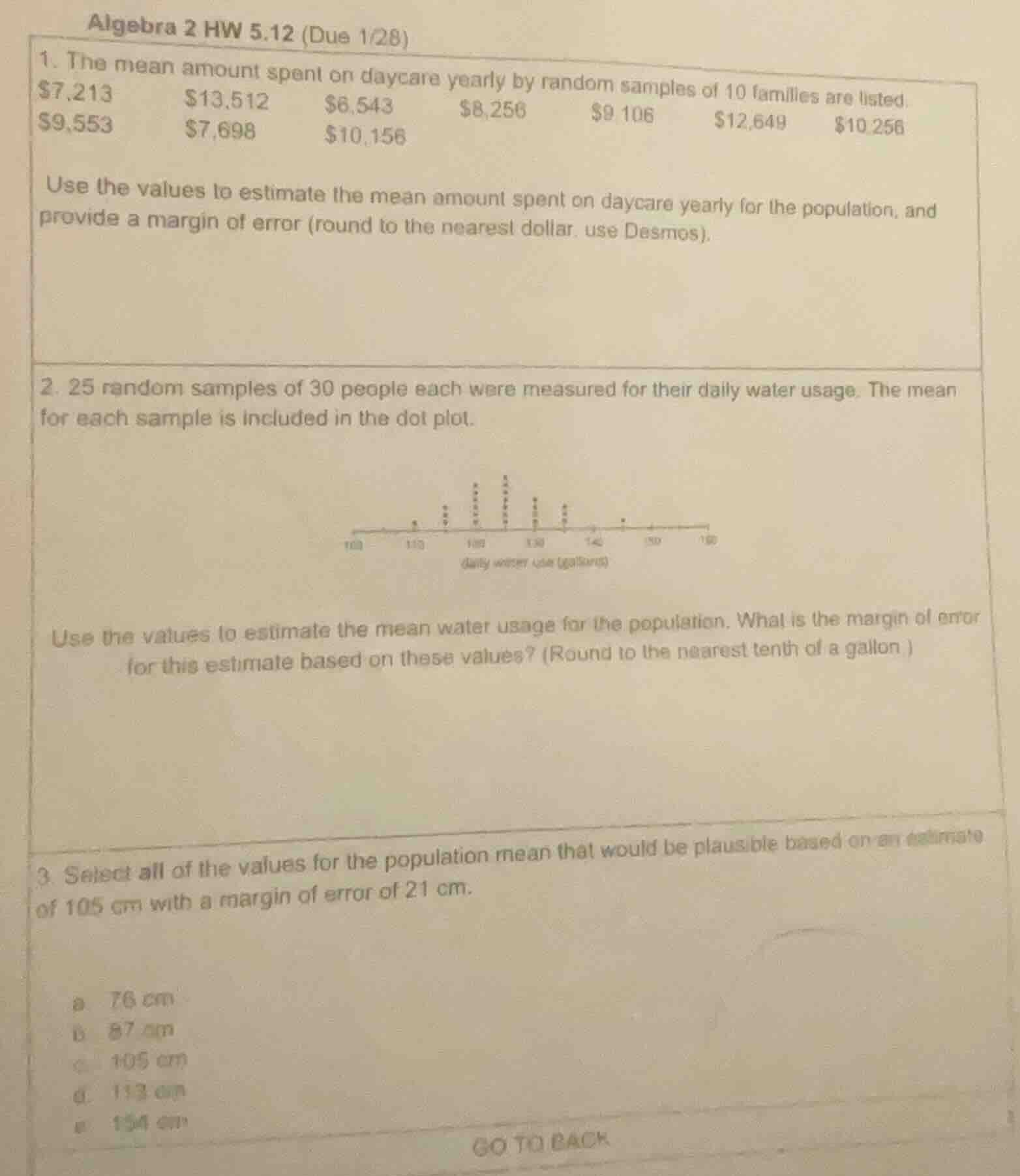 algebra 2 hw 5.12 (due 1/28) 1. the mean amount spent on daycare yearly…
