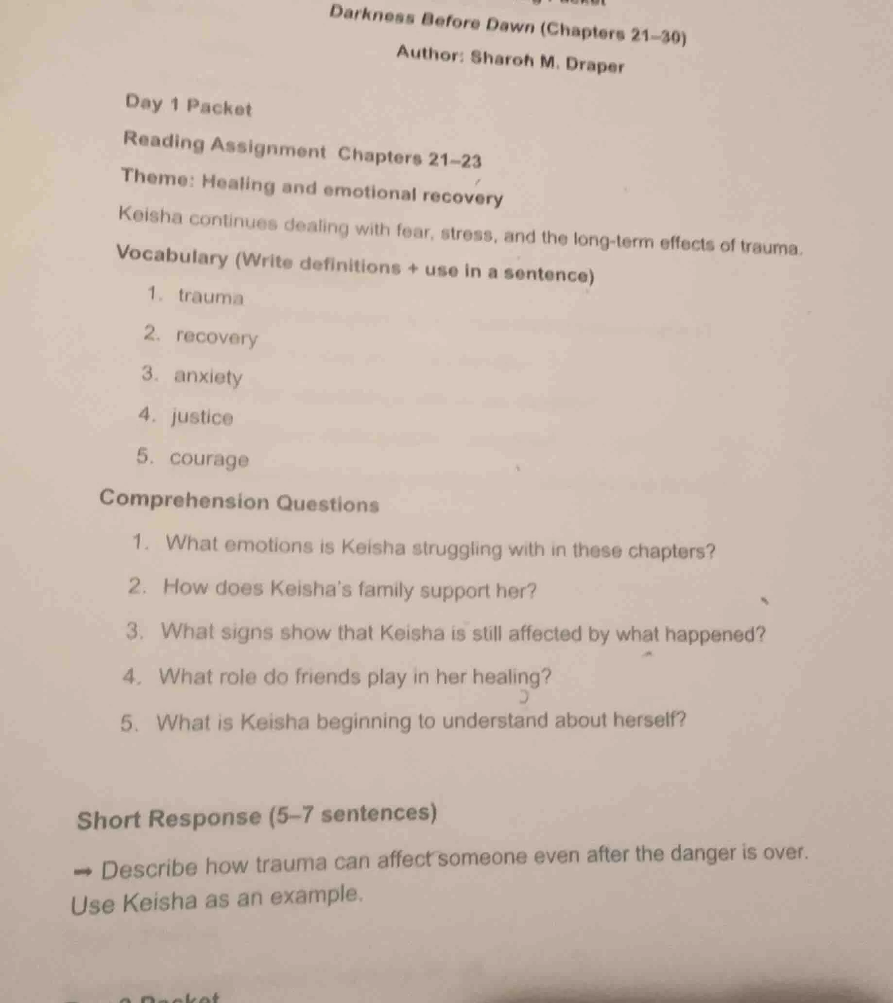 darkness before dawn (chapters 21–30) author: sharon m. draper day 1 pa…