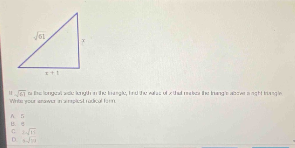 if \\(sqrt{61}\\) is the longest side length in the triangle, find the …