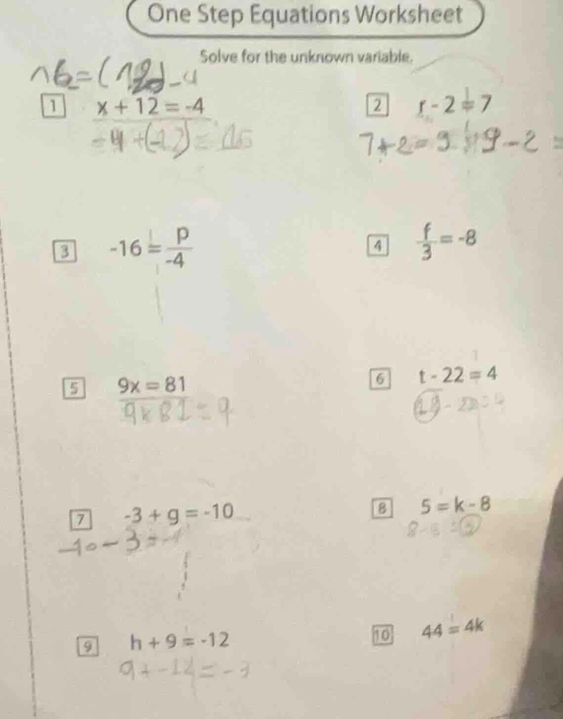 one step equations worksheet solve for the unknown variable. 1 ( x + 12…