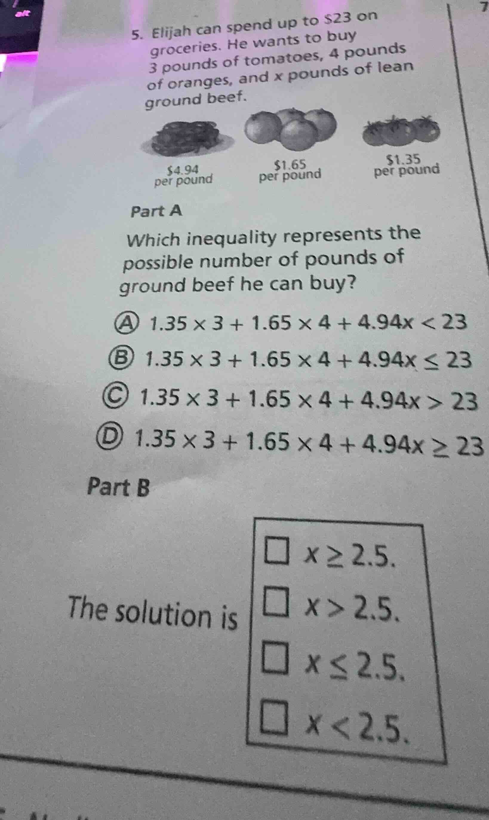 5. elijah can spend up to $23 on groceries. he wants to buy 3 pounds of…
