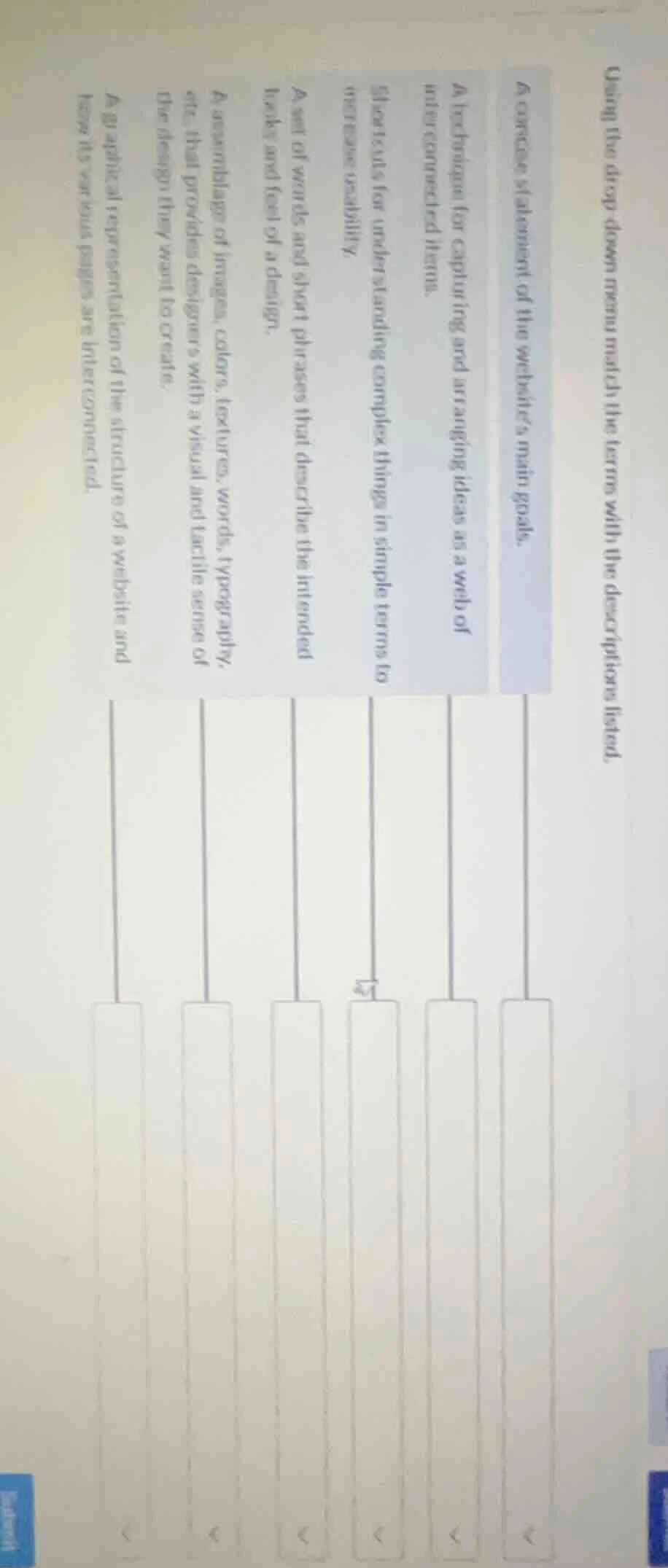 using the drop down menu match the terms with the descriptions listed. …
