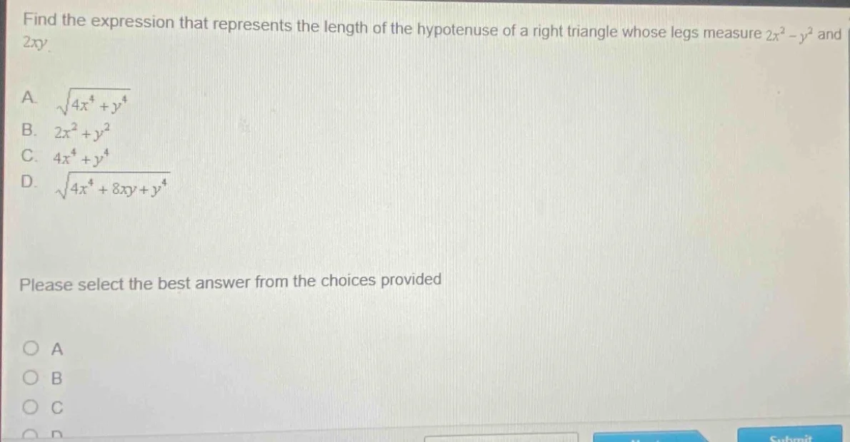 find the expression that represents the length of the hypotenuse of a r…