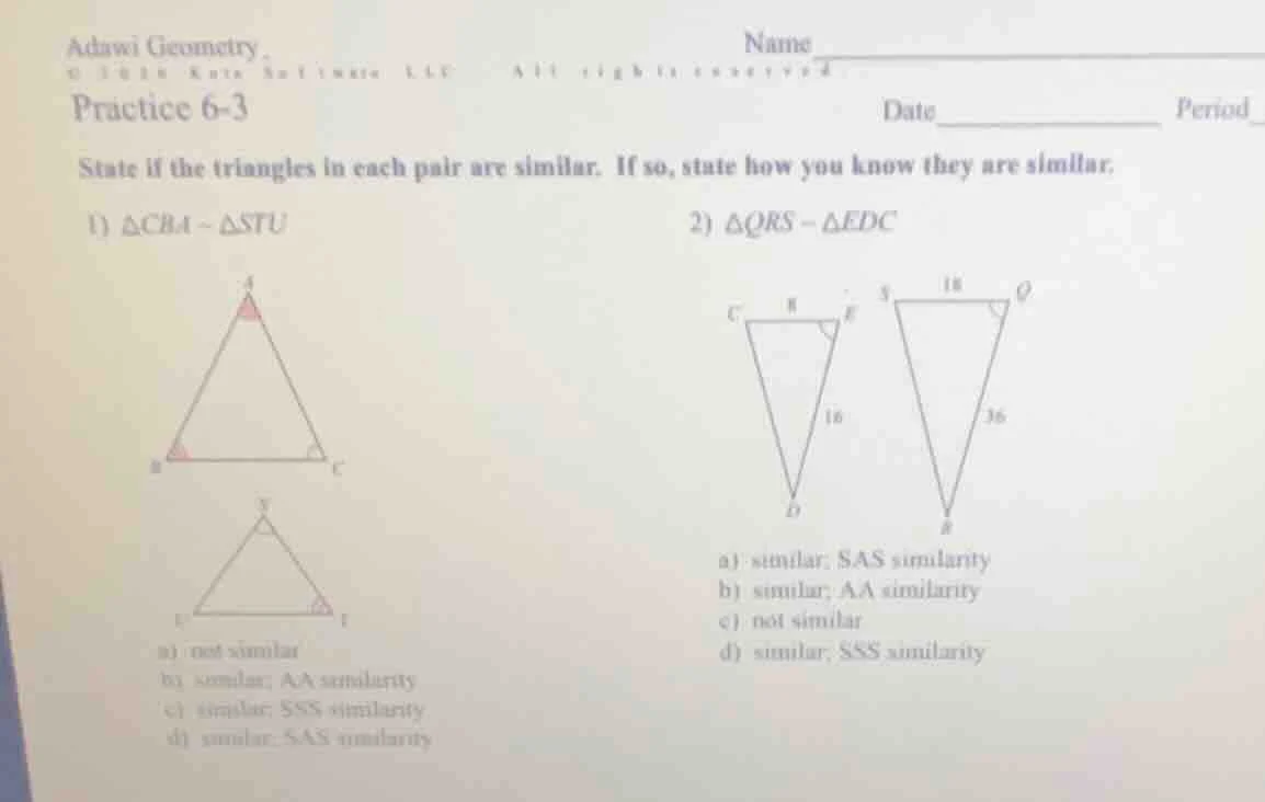 adawi geometry practice 6 - 3 name date__________ period state if the t…