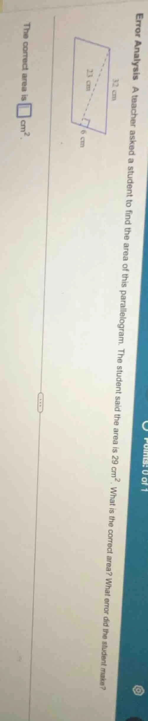 error analysis a teacher asked a student to find the area of this paral…