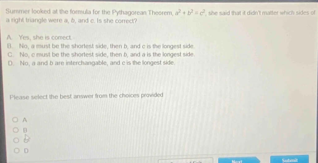 summer looked at the formula for the pythagorean theorem, $a^2 + b^2 = …