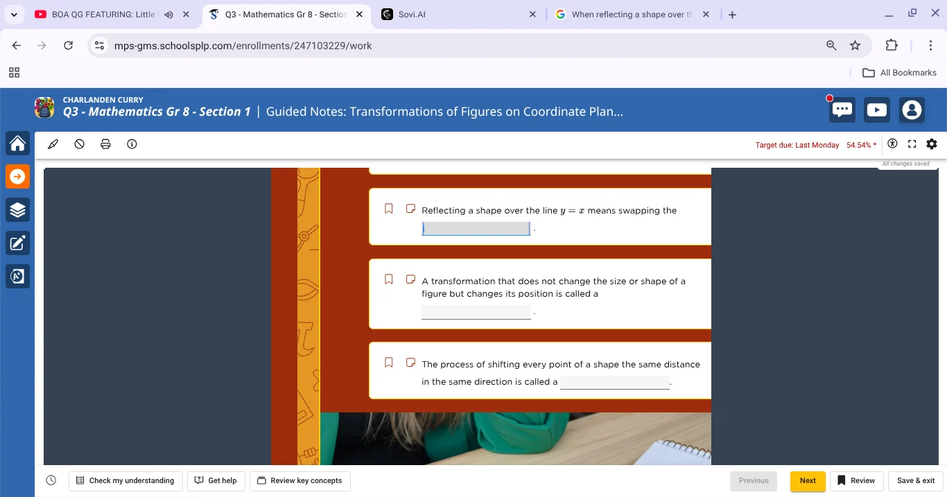 reflecting a shape over the line $y = x$ means swapping the \\underline…