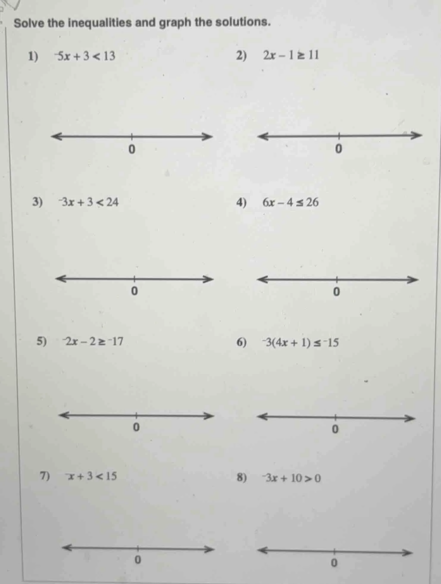 solve the inequalities and graph the solutions. 1) (-5x + 3 < 13) 2) (2…