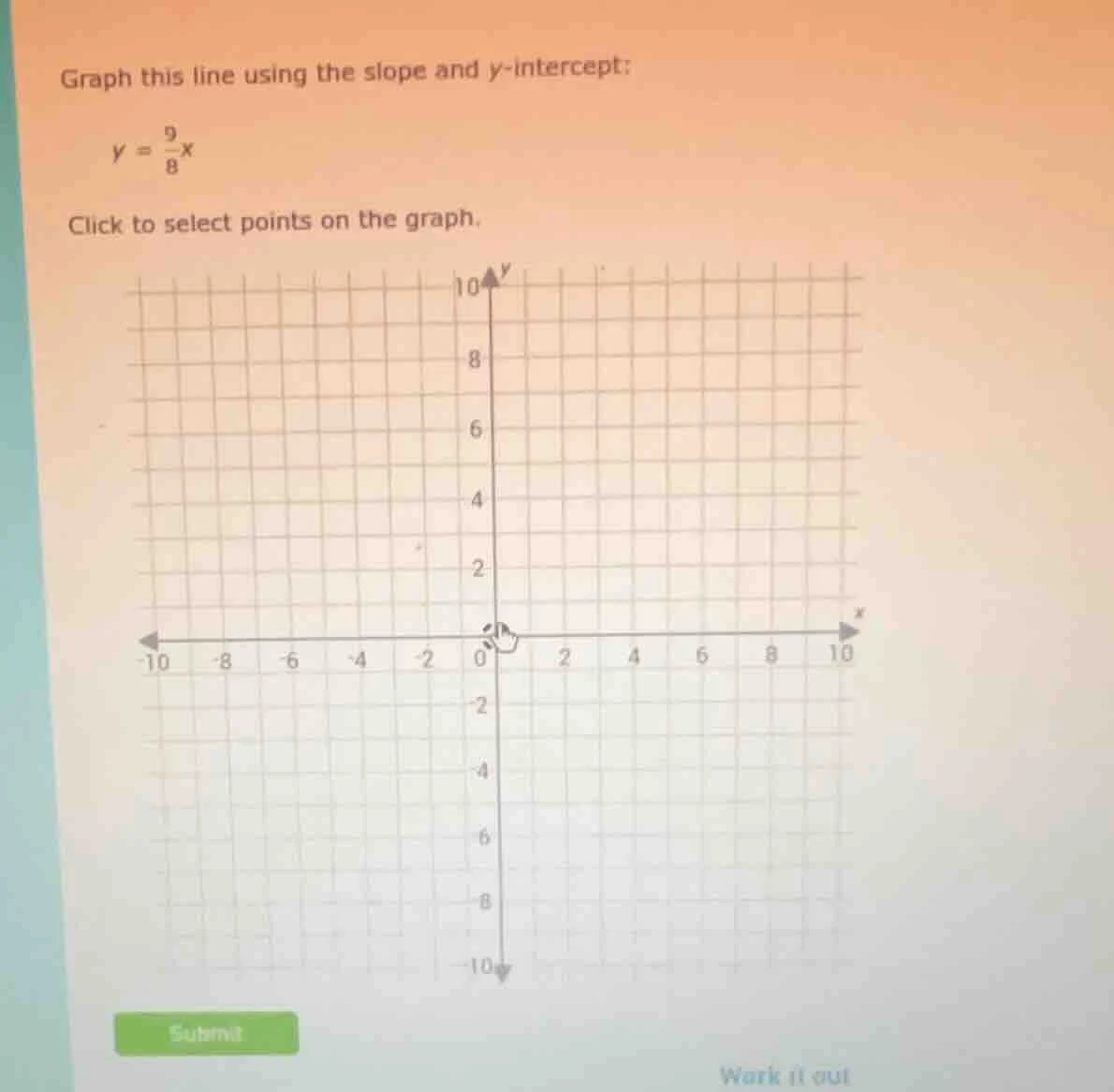 graph this line using the slope and y-intercept: $y = \\frac{9}{8}x$ cl…