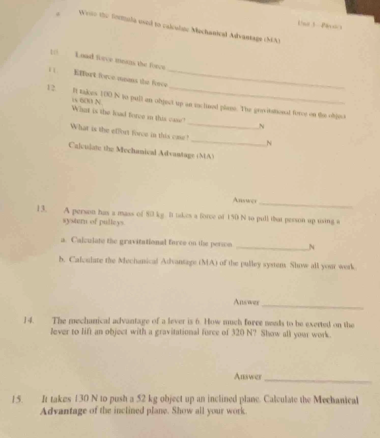 9 write the formula used to calculate mechanical advantage (ma) 10 load…