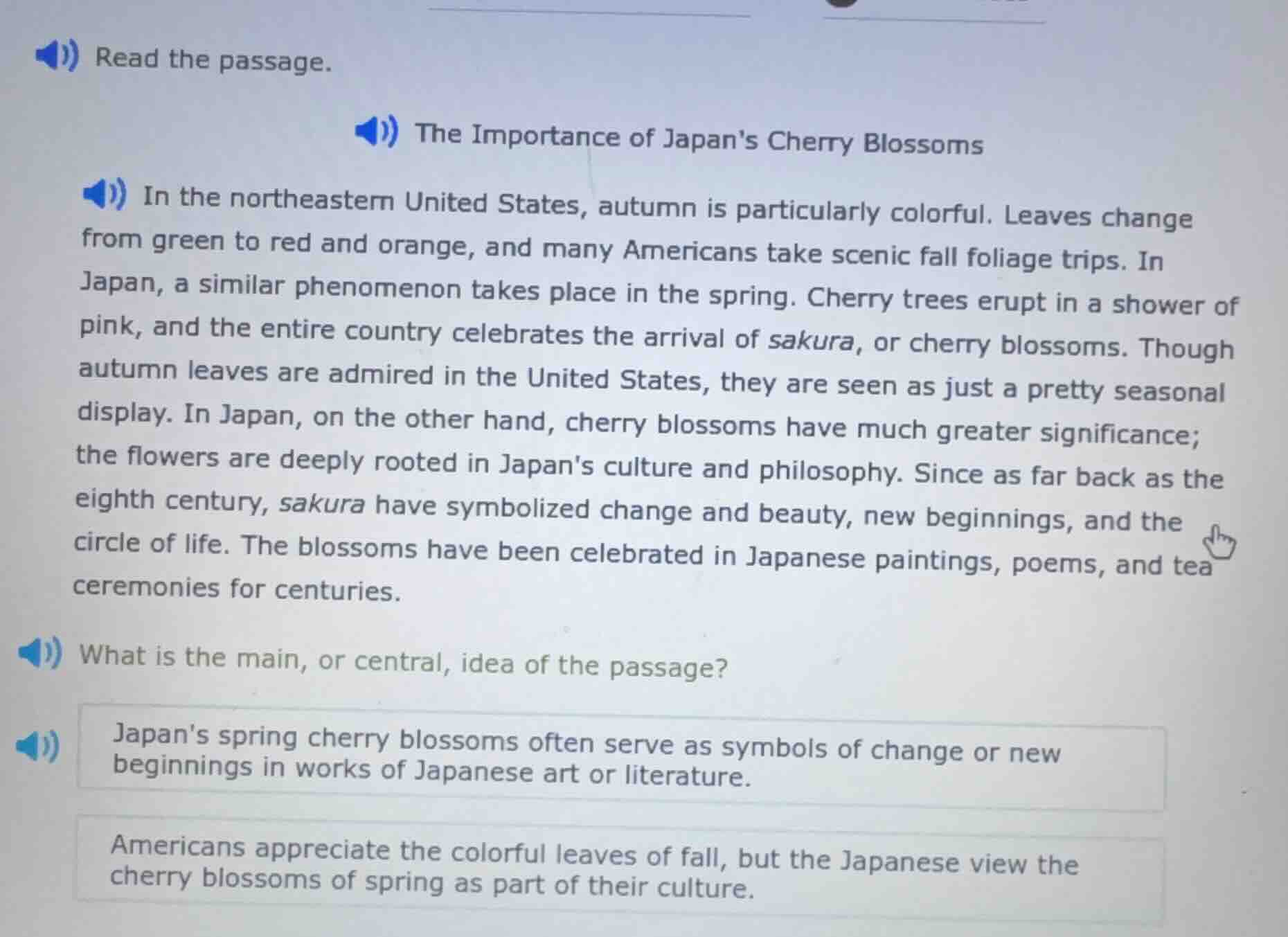 read the passage. the importance of japans cherry blossoms in the north…