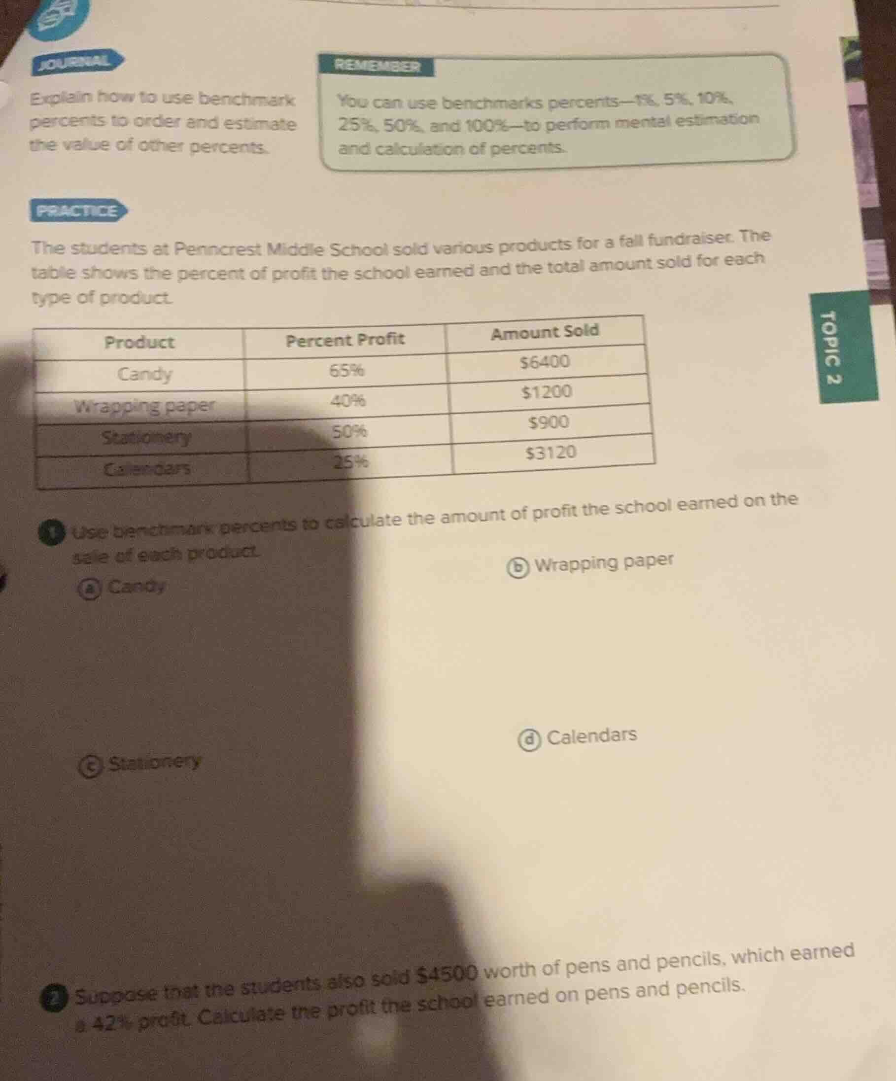 journal explain how to use benchmark percents to order and estimate the…