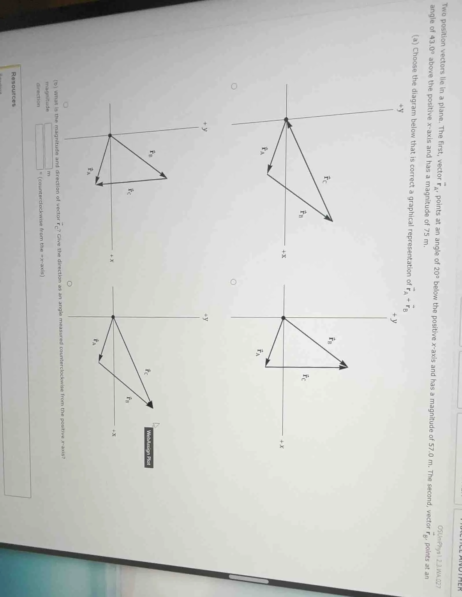 two position vectors lie in a plane. the first, vector \\(\\vec{r}_a\\)…