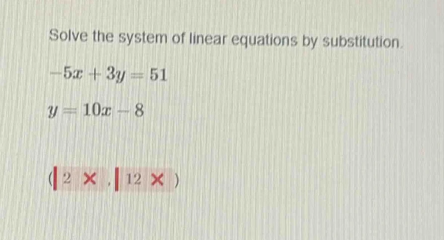 solve the system of linear equations by substitution.\\(-5x + 3y = 51\\…