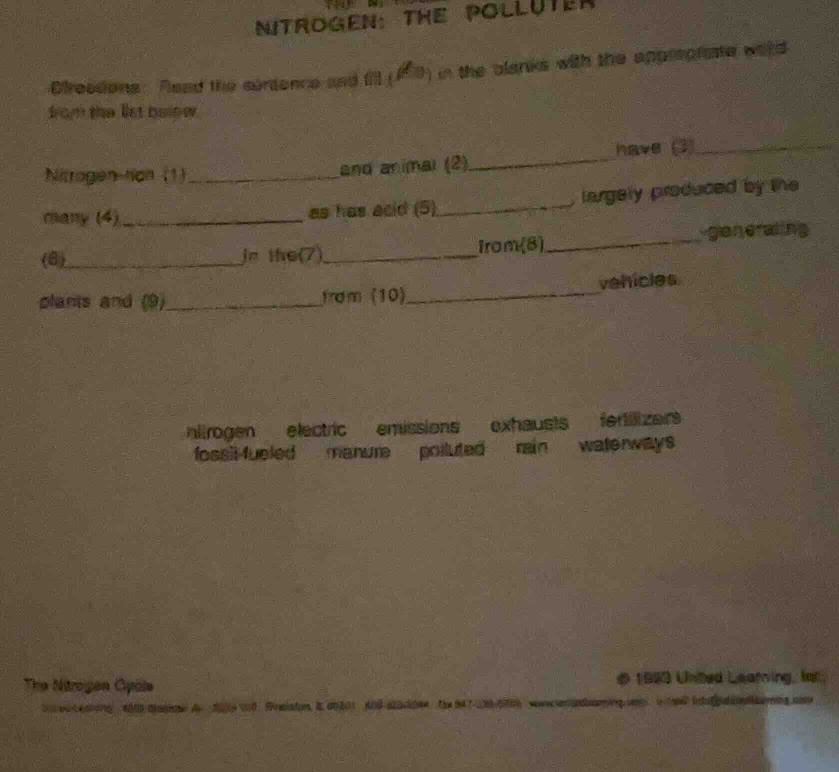 nitrogen: the polluter directions: read the sentence and fill (a) in th…