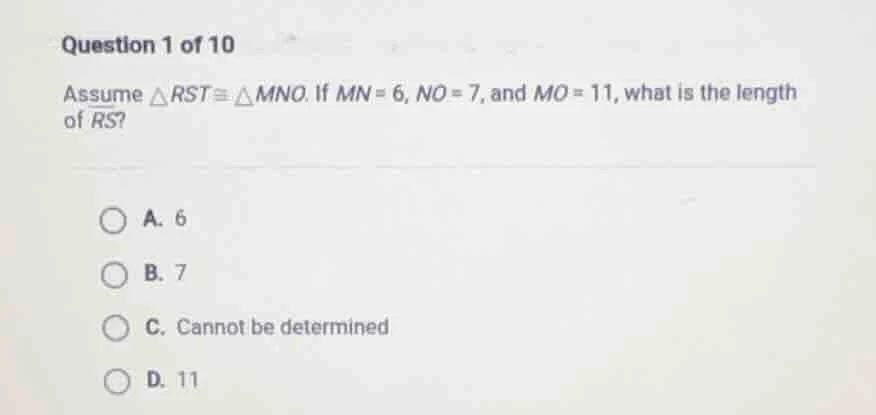 question 1 of 10 assume $\\triangle rst \\cong \\triangle mno$. if $mn …