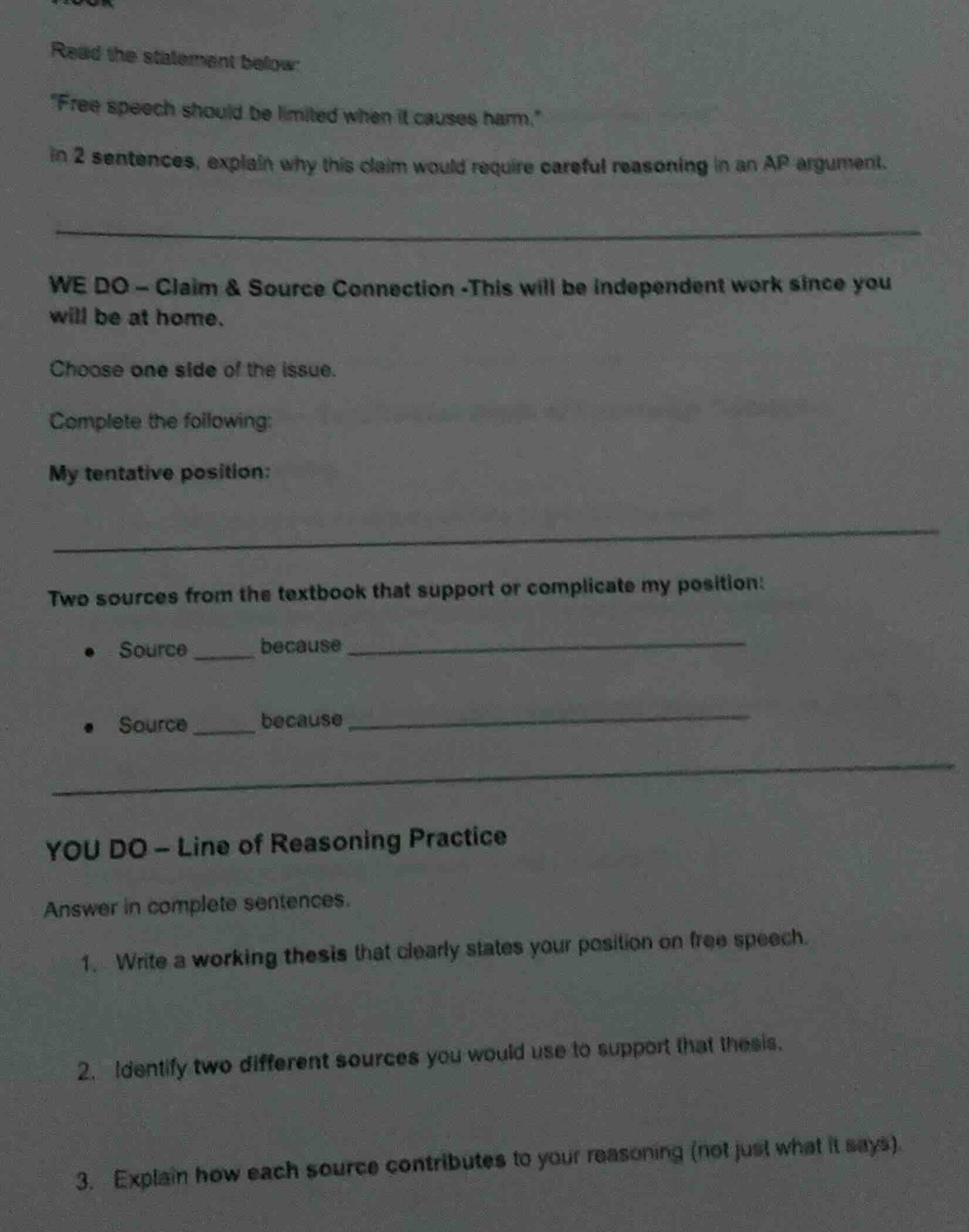 read the statement below: \free speech should be limited when it causes…