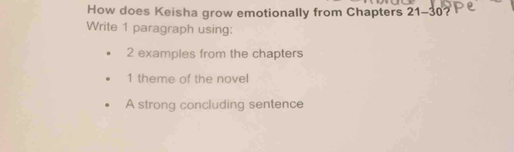 how does keisha grow emotionally from chapters 21–30? write 1 paragraph…