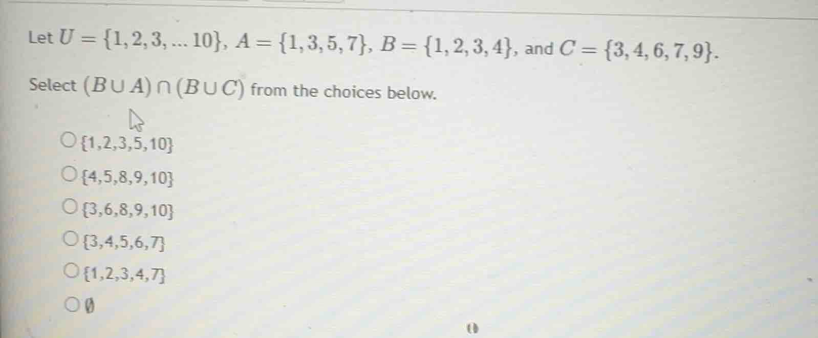 let $u = \\{1,2,3, \\dots 10\\}$, $a = \\{1,3,5,7\\}$, $b = \\{1,2,3,4\…
