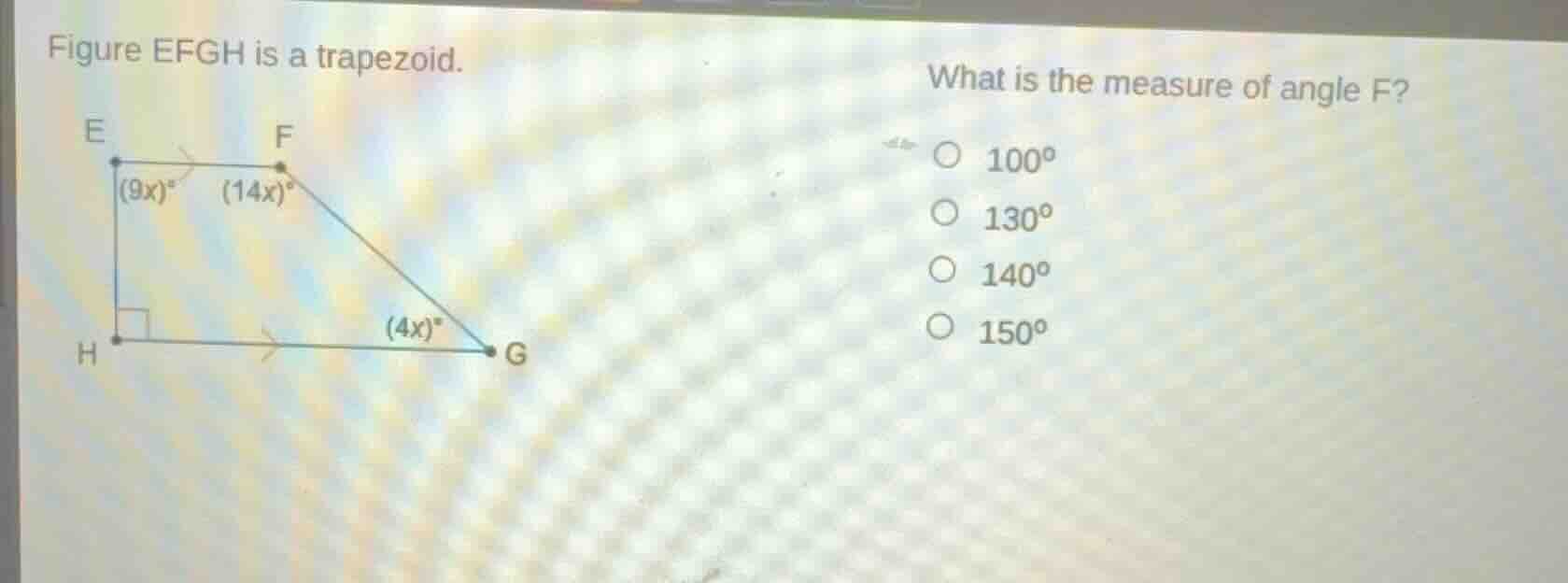 figure efgh is a trapezoid. what is the measure of angle f? \\(\\bigcir…